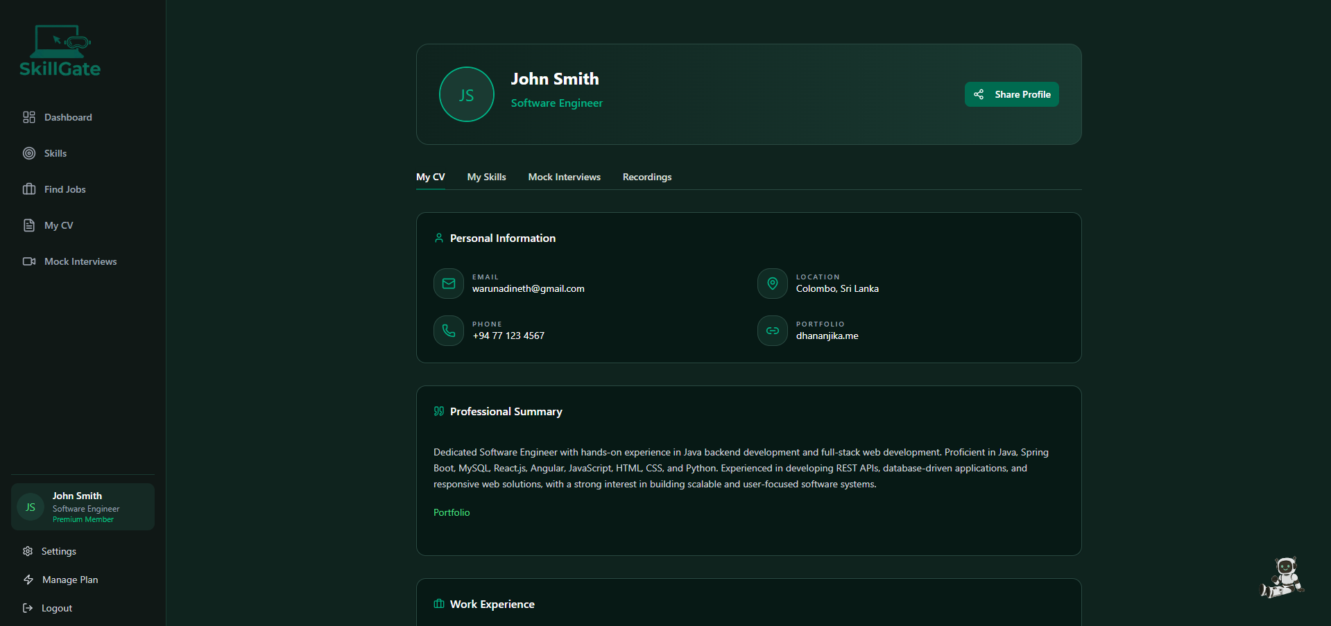 Verified skill profile overview showing strengths and badges
