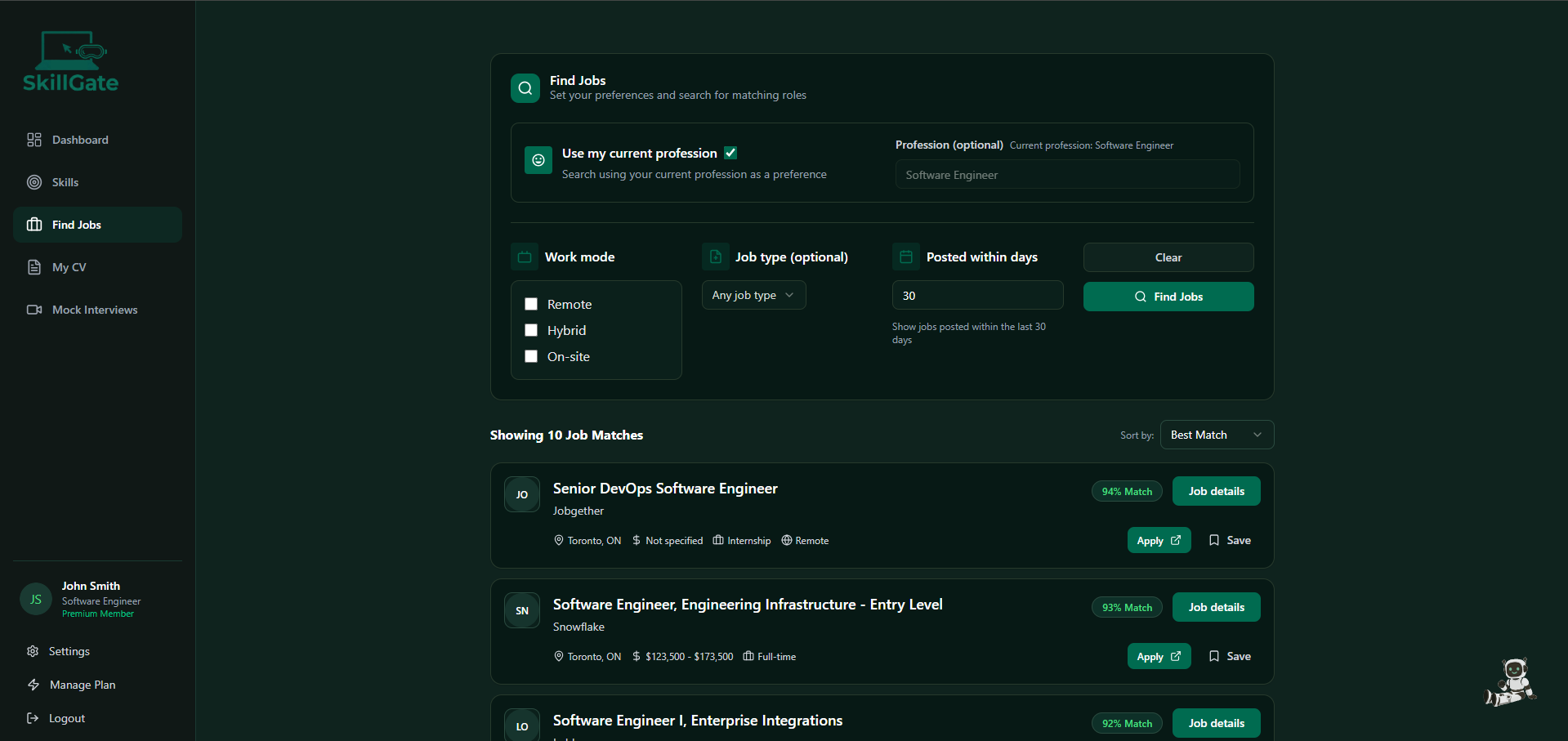 Job matching view listing roles aligned to skills and preferences