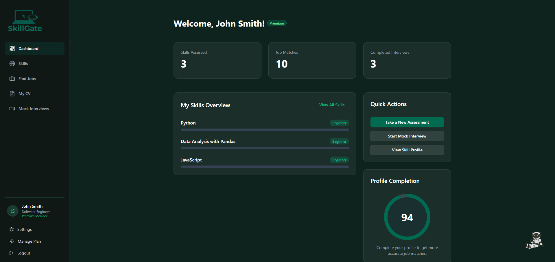 SkillGate candidate dashboard with progress cards and quick actions